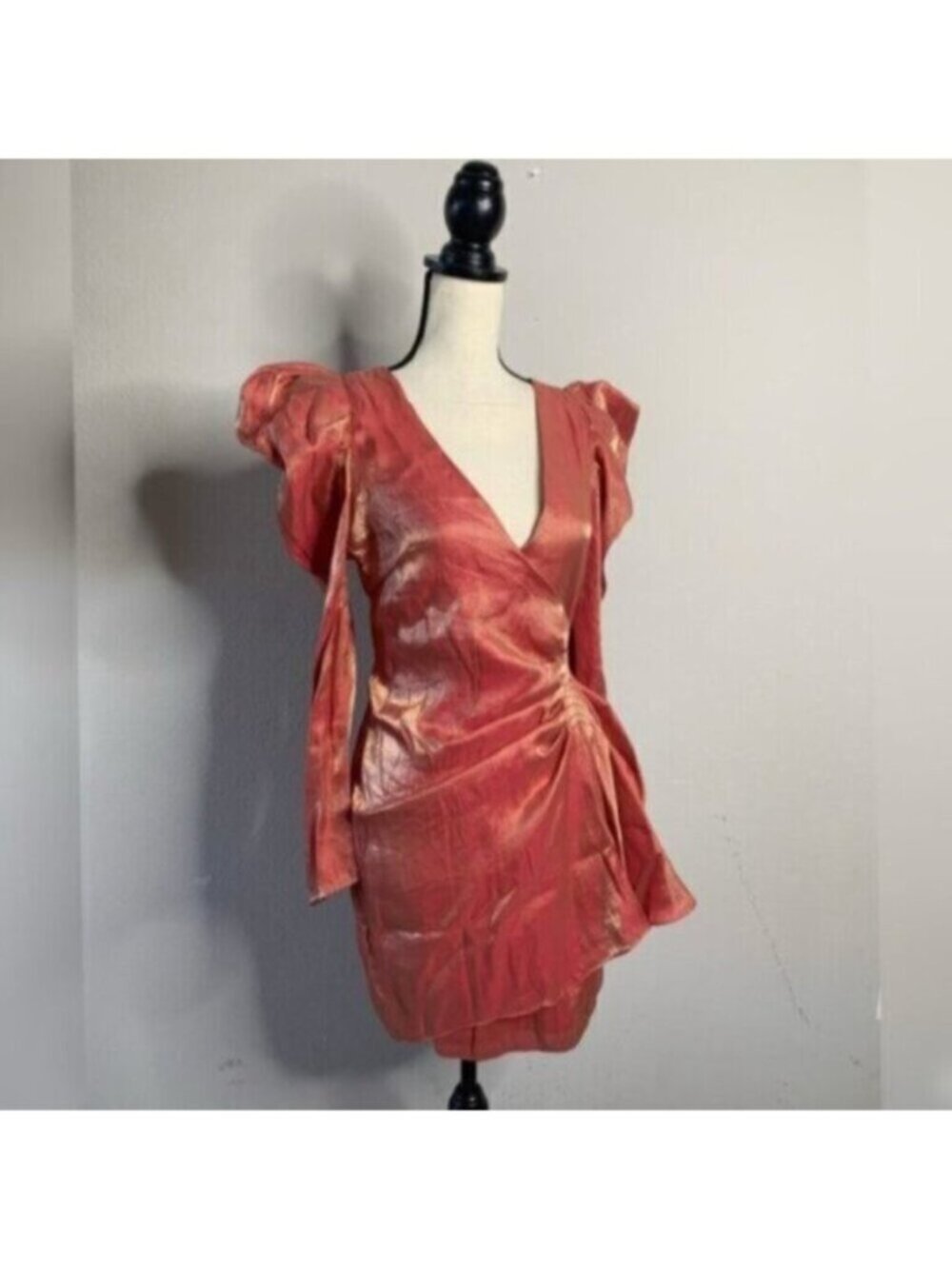 Elliatt Metallic Copper Gold Puff Shoulder Long Sleeve Wrap Mini Dress - Picture 4 of 15